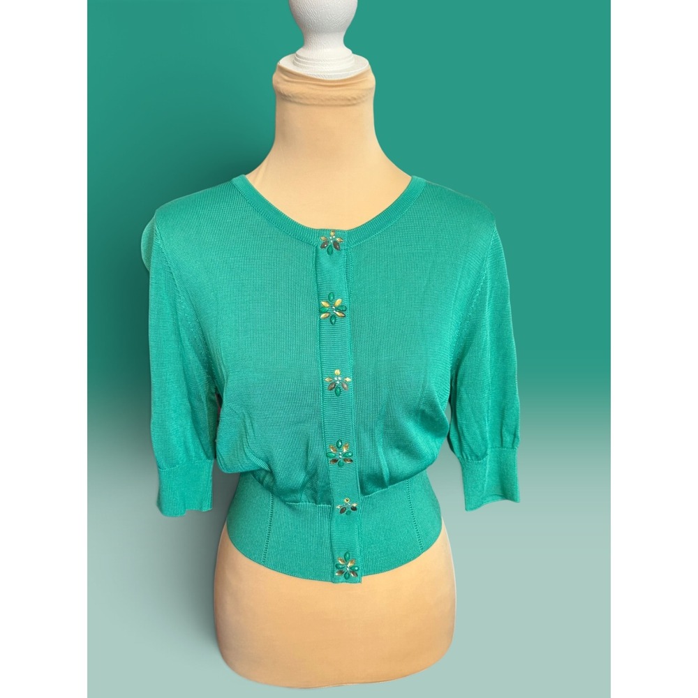 White House Black Market Jewel Toned Green Embellished Cropped Cardigan